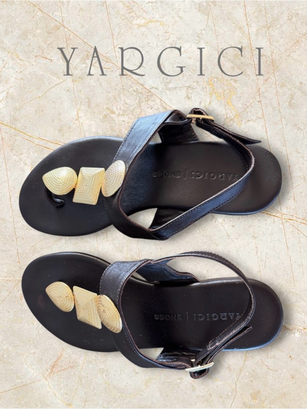 🛍️SALE🛍️YARGICI Women's Brown Leather Flat Thong Sandals w/ Gold Accent Ornament - Picture 6 of 11